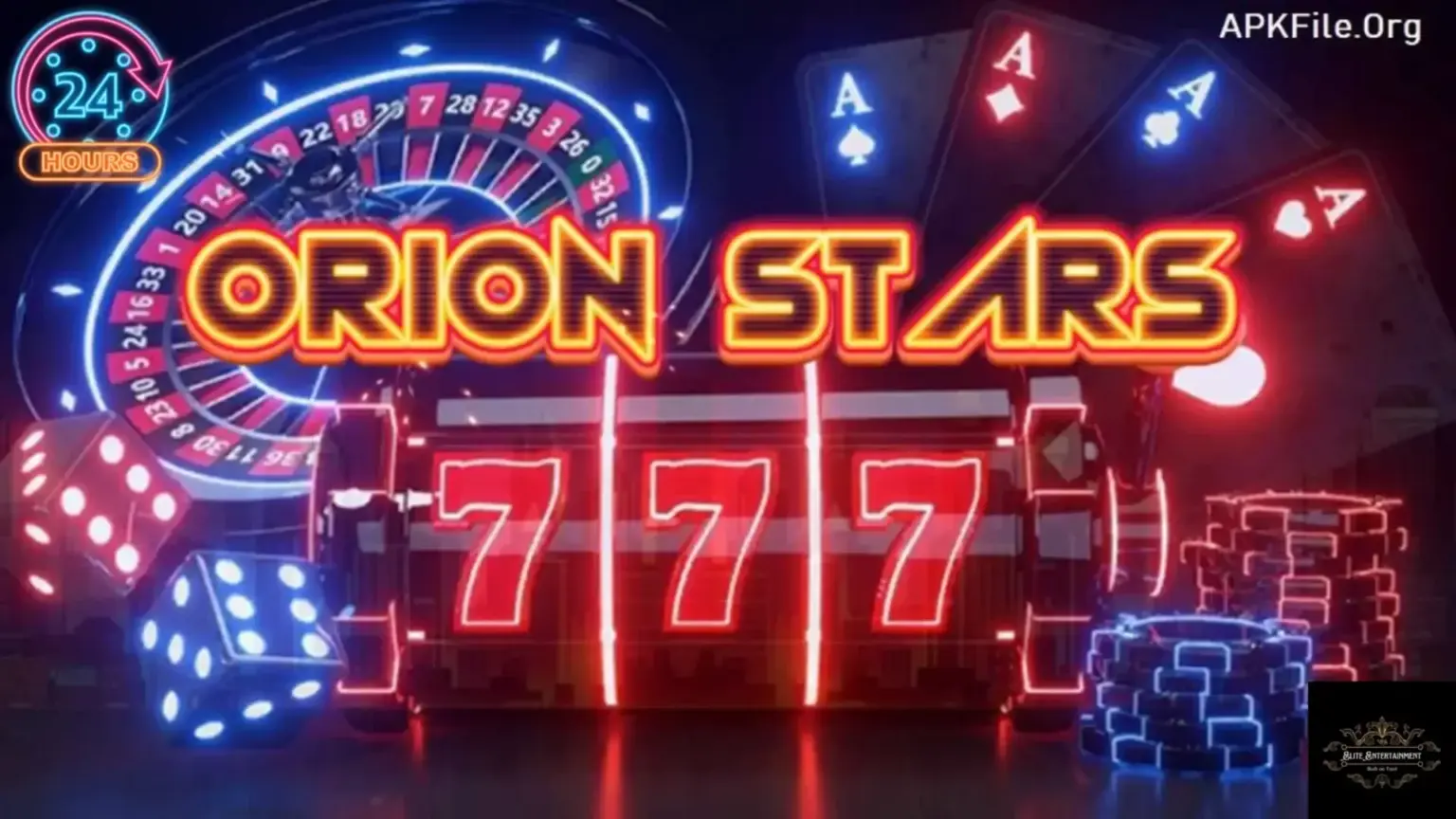 Neon casino banner with 'ORION STARS', 777 slots, roulette wheel, dice, cards, and poker chips in bright neon colors
